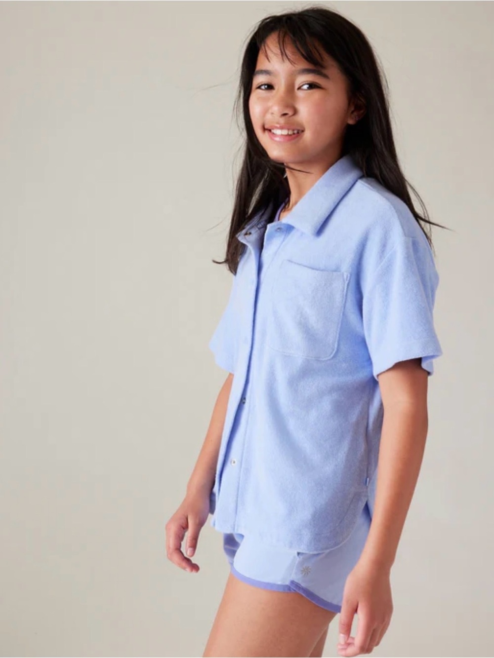Athleta Girl L Jump in Button Down Terry Coverup Tee Sky Blue Large Size 12